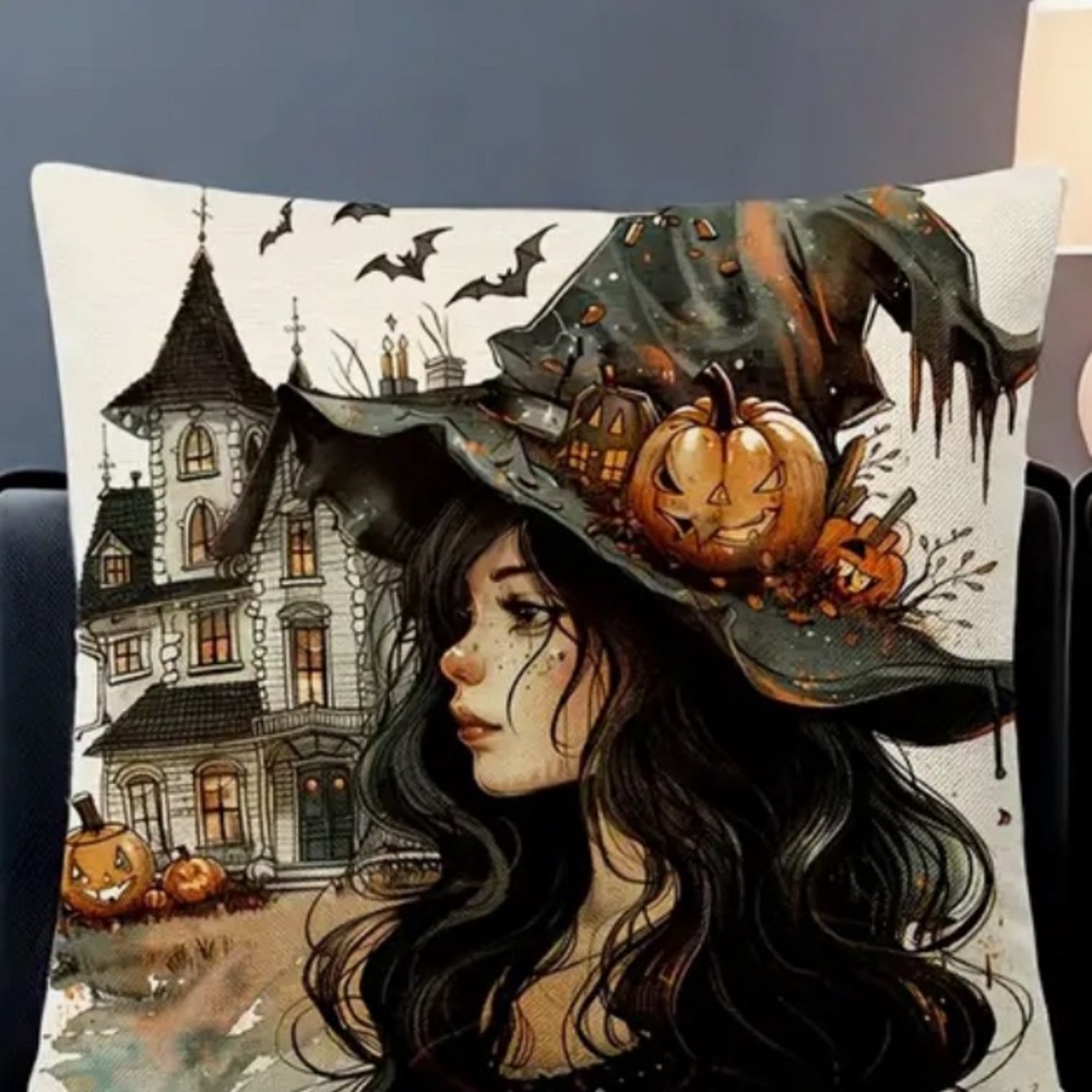 Halloween Decor Beautiful Witch Pillow Cover Castle, Pumpkins, 18”X18”
